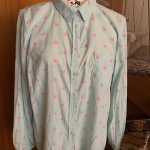 👏🏼 Merona flamingo button sheer blouse preppy p1